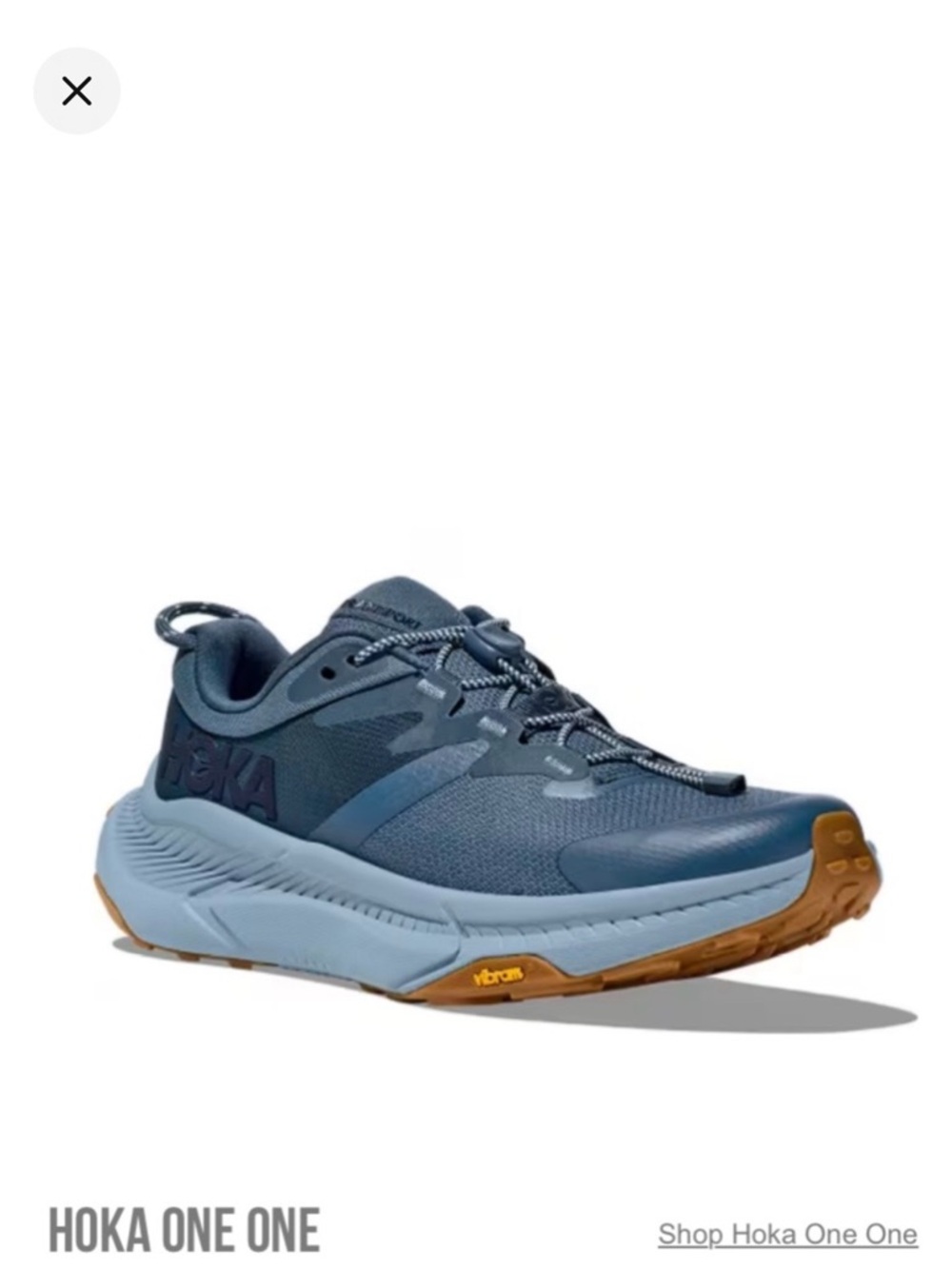 Hoka One One navy and light blue trail running shoe with gum outsole